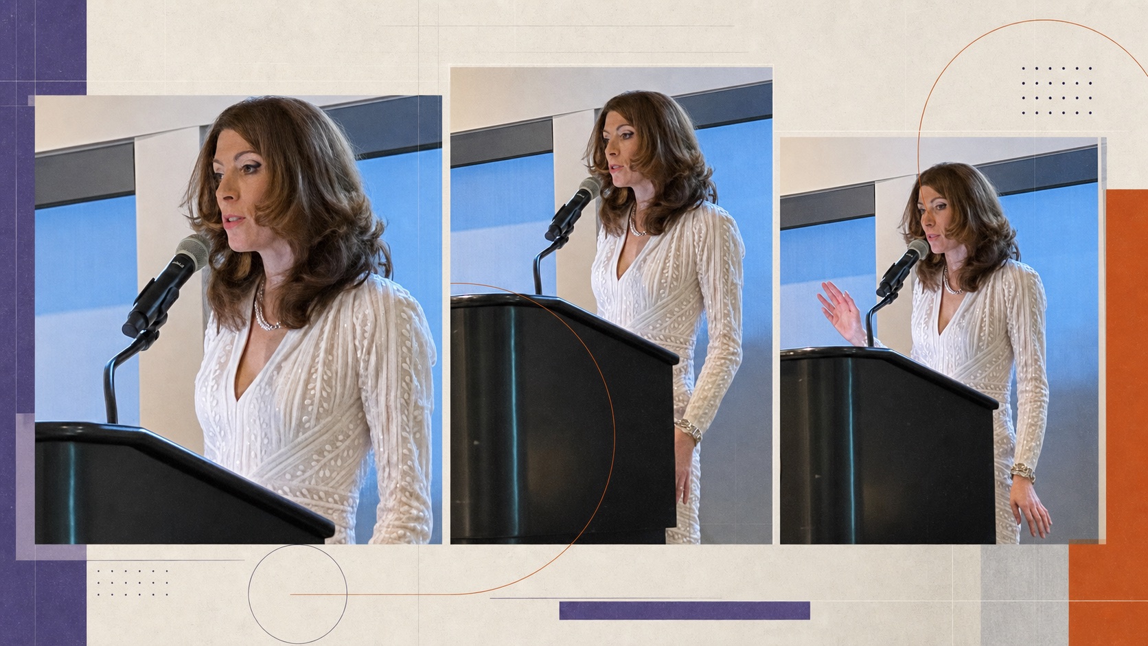 Editorial triptych of Svetlana Gershman speaking at a podium